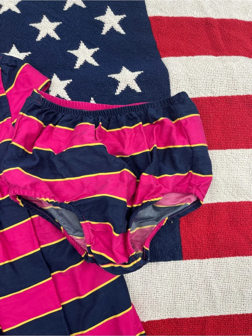 Ralph Lauren Navy Hot Pink Yellow Striped Dress with Bloomers Size 12 Month